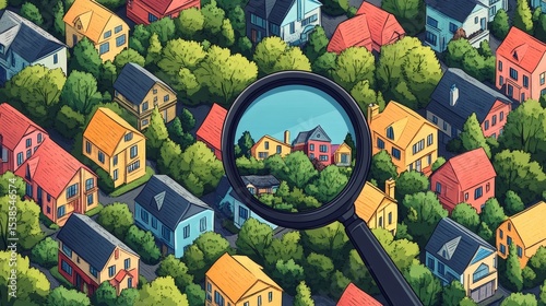 Aerial view of a residential neighborhood with a magnifying glass focusing on a specific house.