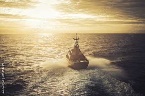 Military boat navigates turbulent waters at sunset during wartime maneuver operations offshore