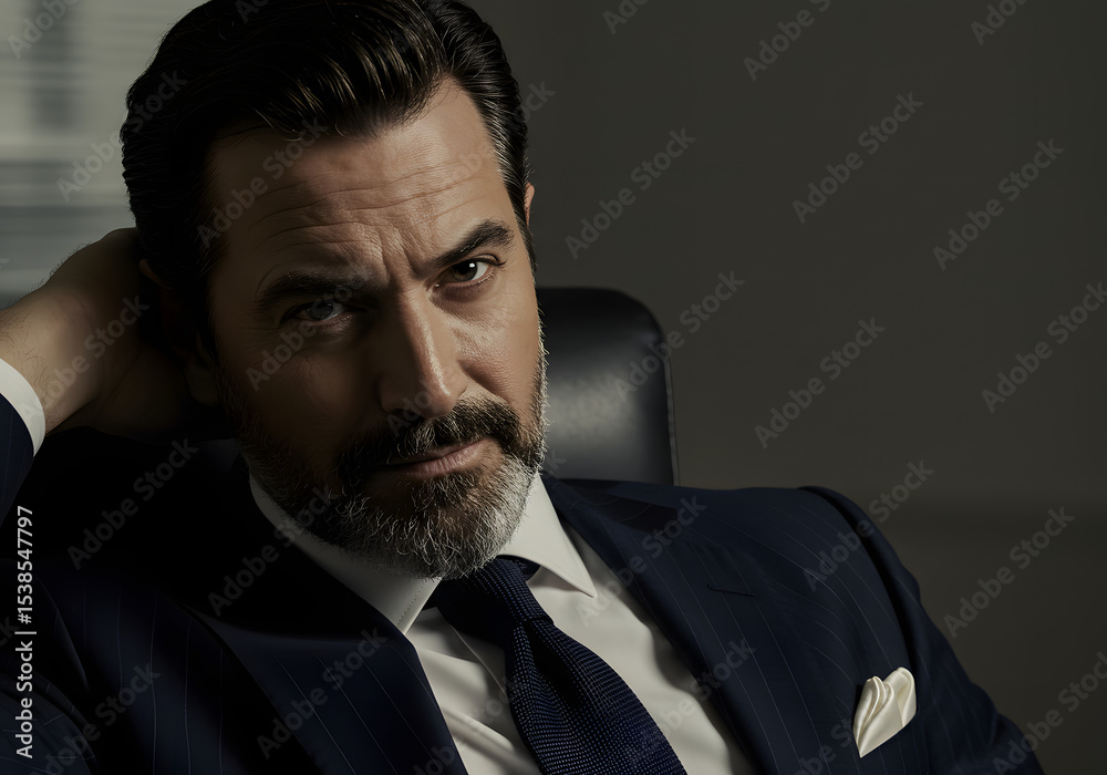 Fototapeta premium A sophisticated businessman in a suit poses confidently, looking directly at the viewer.