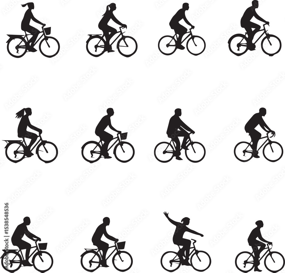Obraz premium Silhouette images depicting individuals riding bicycles against a crisp, pristine