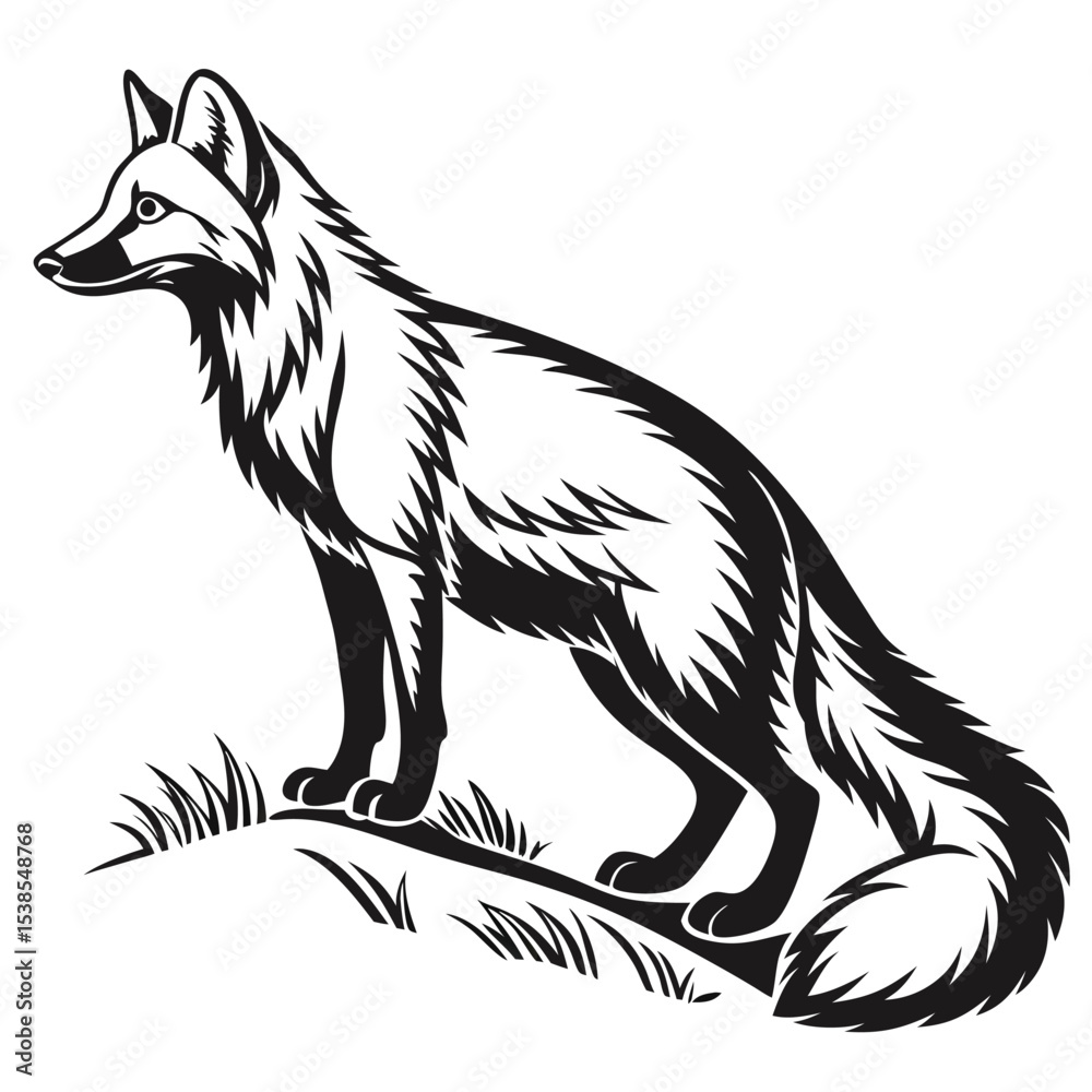 Obraz premium Solitary fox stands regally in grass; its monochrome silhouette exudes wildlife grace