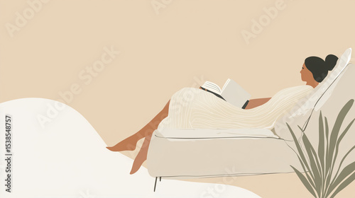 Minimalist Lazy Day Banner with Soft Pastel Beige and Cream Gradient Background, Person Lounging on Cozy Couch with Blanket and Book on the Right Side, Blank Space for Text on the Left Side
