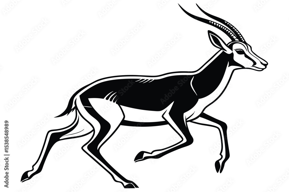 Fototapeta premium Dynamic black and white art shows a running antelope with prominent horns