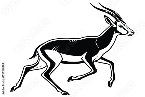 Dynamic black and white art shows a running antelope with prominent horns