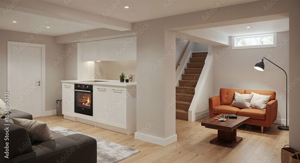 Fototapeta premium Modern Scandinavian Kitchen and Living Room Interior – 3D Render - Cozy 3D render of a Scandinavian-style open kitchen and living room with wood accents and natural lighting.