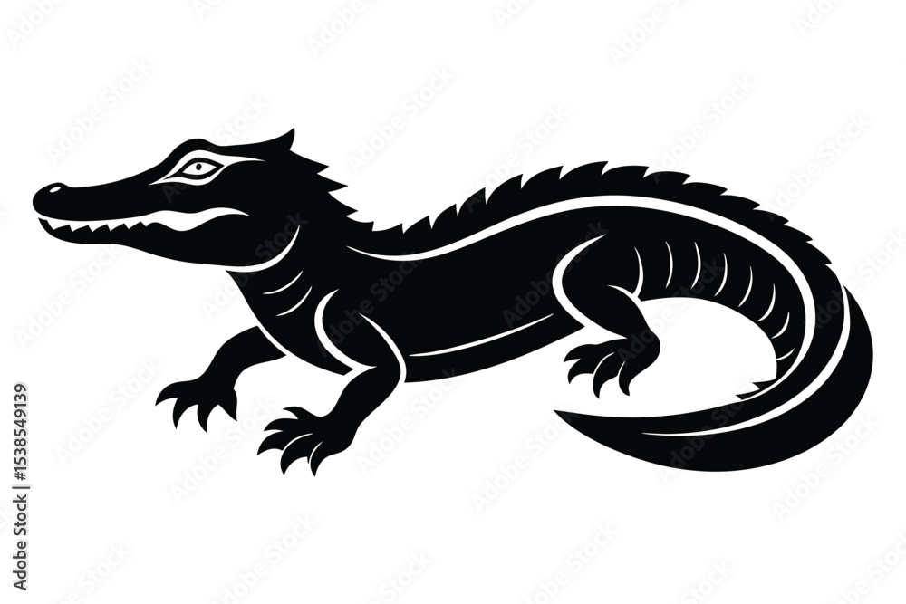Naklejka premium Silhouette crocodile features sharp teeth and claws crawling steadily across the white background