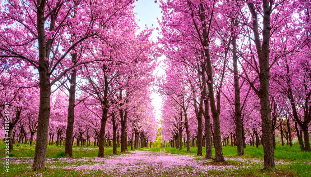 Fototapeta premium Cherry Blossom Avenue: A breathtaking pathway unfolds, lined with vibrant cherry blossom trees in full bloom, their pink petals creating a tunnel of floral enchantment.