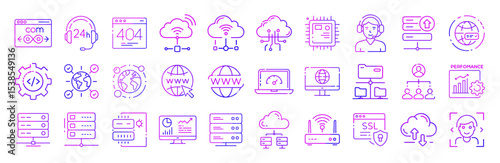 Web hosting server network data cloud technology support vector line icons