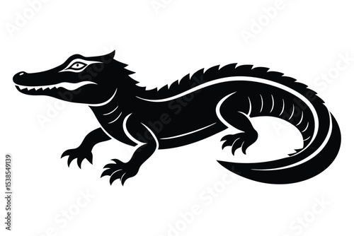 Silhouette crocodile features sharp teeth and claws crawling steadily across the white background