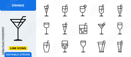 Drinks Line Icons Set - Cocktail, wine, beer, juice, martini, champagne, margarita, soda, water, beverage, glass, straw, lemon, ice, cheers icons - Editable Line