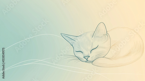 Minimalist International Cat Day Banner with Pastel Blue and Beige Gradient Background, Line Art of Sleeping Curled Cat on Right Side, Clean Layout with Soft Typography and Text Space on Left