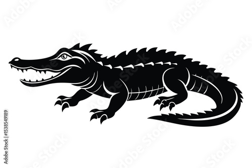 A monochrome alligator with exposed teeth curves its tail against a white backdrop