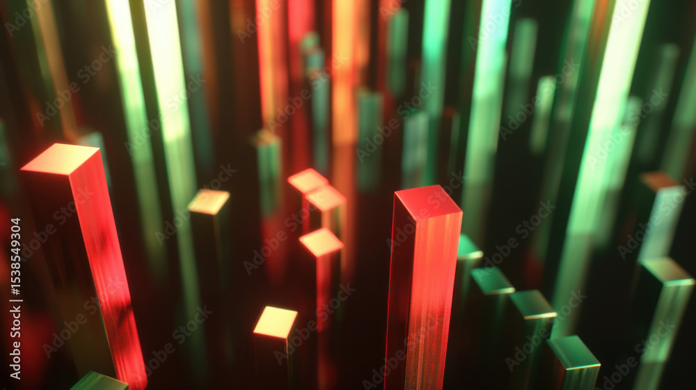 Obraz premium Glowing red and green candlestick chart pattern with vertical bars representing data trends in vibrant, abstract style