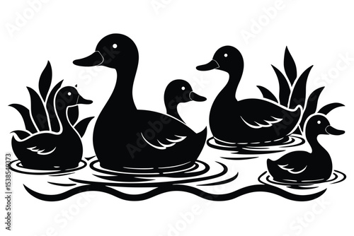 Silhouette ducks peacefully float on water among tall grass in an isolated pond