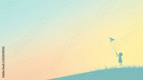 Minimalist National Day for Play Banner with Soft Sky Blue and Pastel Yellow Gradient Background, Line Art of Child Flying Kite on Right Side, Blank Space for Text on Left, Flat Modern Design Style