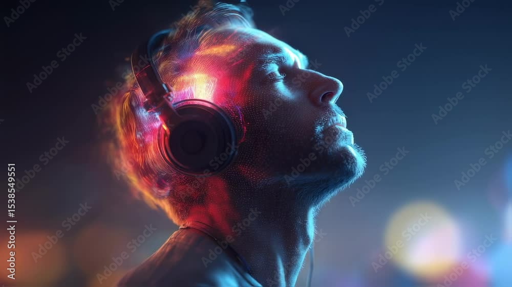 Vibrant brain activity visualization capturing musical inspiration, neural networks transforming sound into dynamic, colorful energy patterns emerging from musician's mind while wearing headphones