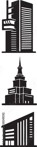 A black and white vector silhouette of a car travels past a towering religious landmark against the sky