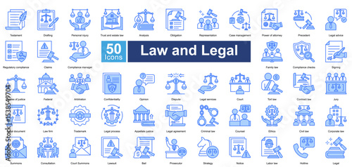 Law and Legal icon set contains 50 icons including, Testament, Drafting, Personal injury, Trust and estate law, Analysis, Obligation, Representation, simple vector blue style	