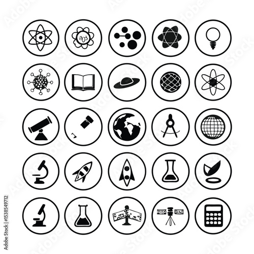 Icon collection showing various scientific fields in black and white color scheme is presented
