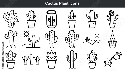 Cactus Plant Icons Black Line Art Set