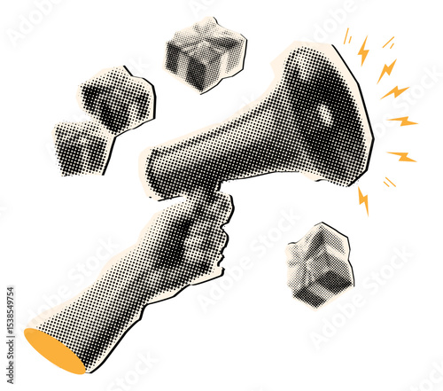 Female hand holding megaphone loudspeaker with retro pop art halftone effect,trendy  collage element,falling gifts,sale concept