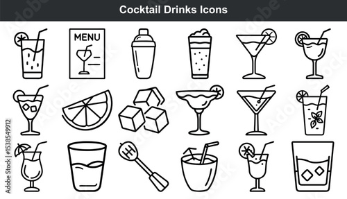 Cocktail Drinks Icons Black Line Art Set
