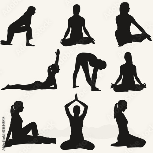 Silhouetted female demonstrates various yoga positions against an off white background, showcasing fitness and flexibility