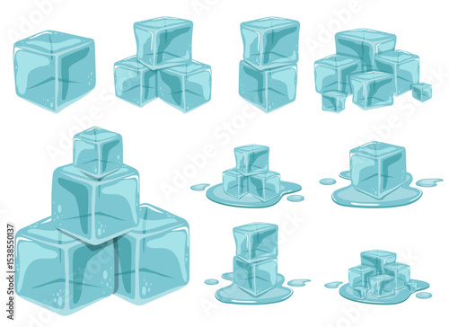 Illustration of ice cubes in varying sizes and arrangements on a white background