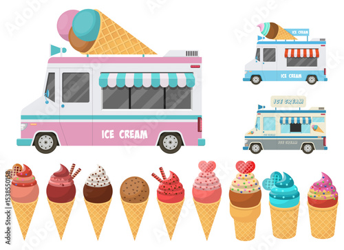 Assorted ice cream cones are lined up in front of ice cream trucks.
