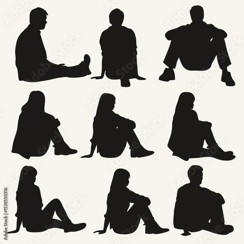 Several black silhouettes of diverse people are sitting on the ground in different poses