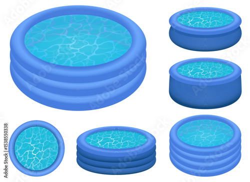 Illustration of multiple blue inflatable swimming pools on a white background