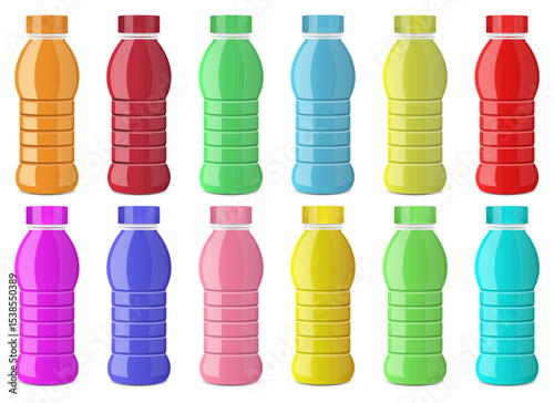 Rows of colorful plastic bottles containing assorted beverages on white background