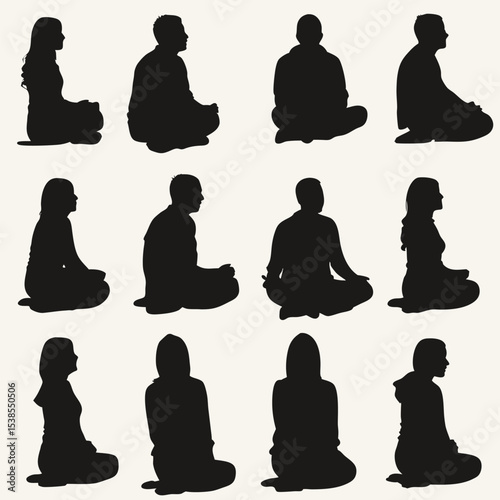 Diverse group of people in black silhouette are meditating quietly on a solid background