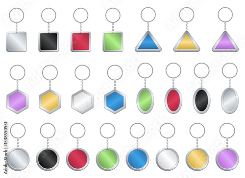 Collection of keychains with different shapes and colors, against white.