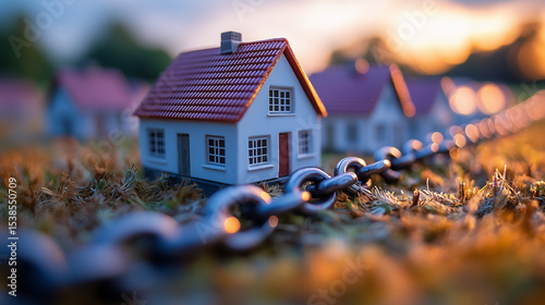 The toy houses stand against the sunset light, wrapped in a large chain, as a metaphor for security, ownership or restriction.