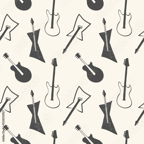 Rock Guitars seamless pattern. Background with hand drawn Musical instrument, rock and roll, concert, punk music. Decorative textured ornament for packaging design, label, print, packing, flyer