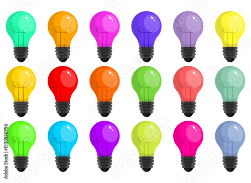 Collection of colorful cartoon light bulbs on a white background.
