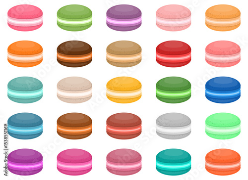 Colorful array of Macarons arranged in uniform rows on a white background.