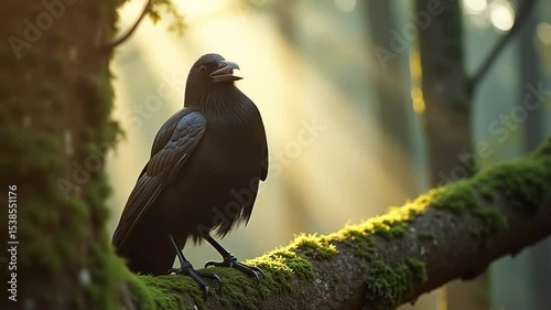 Raven perched on mossy branch in forest light
