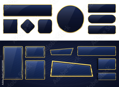 Elegant set of blue and gold buttons, banners, and icons for web design.