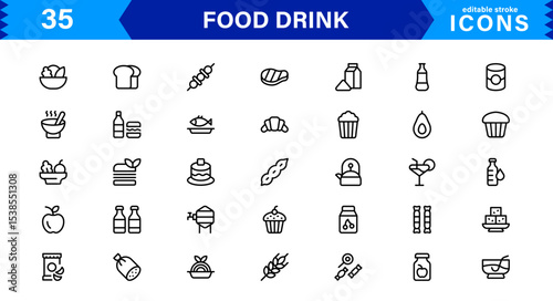 Food and Drink Icon Collection with Culinary, Beverage, Healthy Eating, Cooking, and Dining Icons in a Minimalist, Download-Ready Style