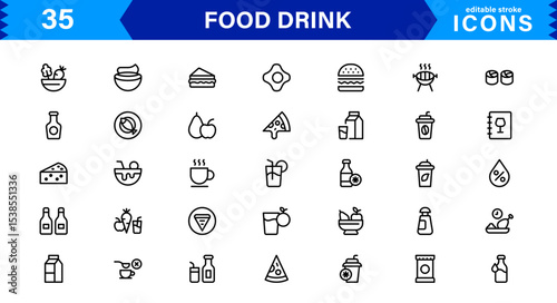 Food and Drink Icon Collection with Culinary, Beverage, Healthy Eating, Cooking, and Dining Icons in a Minimalist, Download-Ready Style