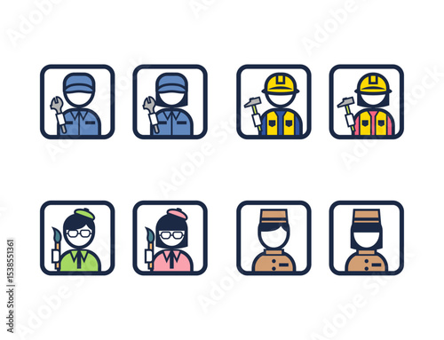 四角いシンプルなカラー職業イラストアイコンセット（整備士・大工・画家・ホテルスタッフ）