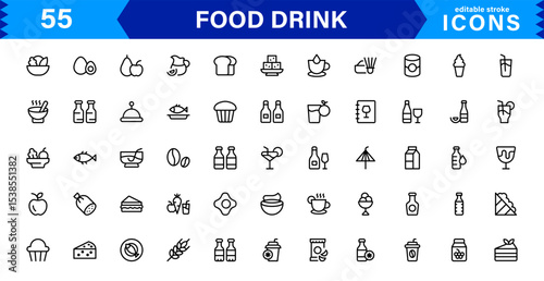Food and Drink Icon Collection with Culinary, Beverage, Healthy Eating, Cooking, and Dining Icons in a Minimalist, Download-Ready Style
