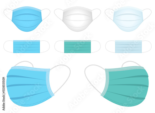 Collection of protective medical face masks against viral diseases.