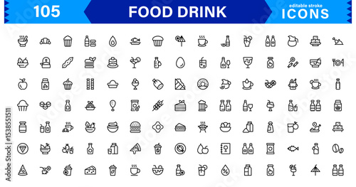 Food and Drink Icon Collection with Culinary, Beverage, Healthy Eating, Cooking, and Dining Icons in a Minimalist, Download-Ready Style
