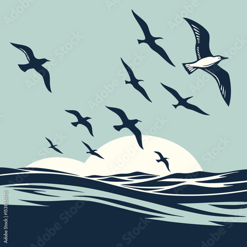 Illustration of seagulls flying over the ocean waves with the sun setting in the background at dusk