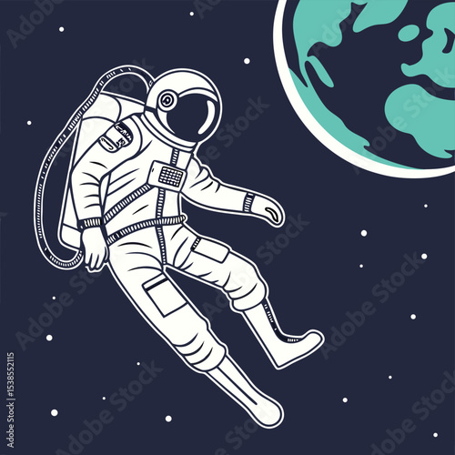An astronaut in a white spacesuit floats in space with a planet and stars in the background view scene