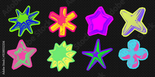 Y2k 3d punk neon colors light chrome halftone stars shape retro abstract vector illustration sticker set. Chrome silver 3d metallic halftone semitone retro effect bright neon color star collection.