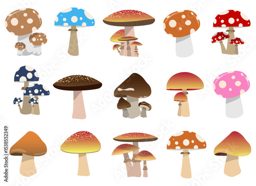 Assortment of whimsical cartoon mushrooms in a variety of colors and shapes.